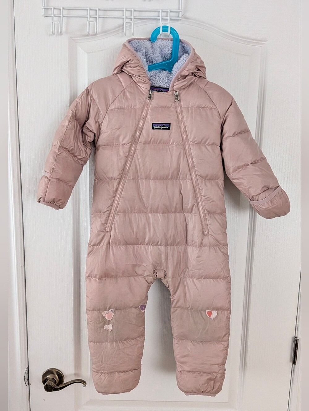 PATAGONIA Hi-Loft Down Sweater Bunting blush pink 12-18 MTH repaired